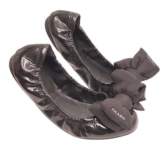 Prada Sport Black Patent Leather Nylon Bow Detail Scrunch Ballet Flat Size 36.5 - Picture 6 of 10